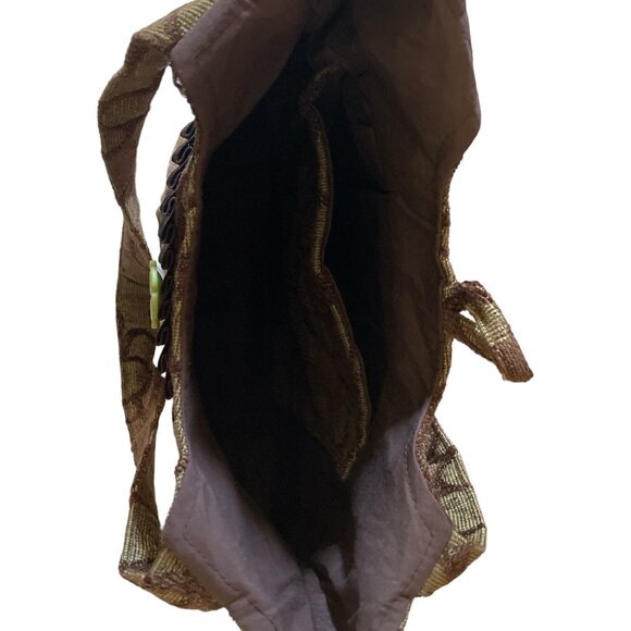 Handcrafted Green Brown Recycled Upholstery Fabric Purse w/Button Closure - Picture 7 of 8